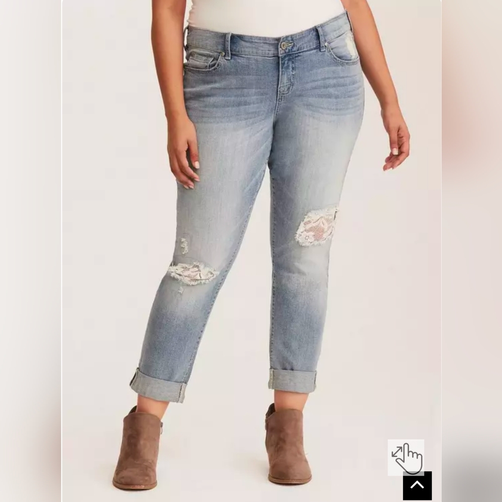 Lace Inset Boyfriend Jean - Distressed Light Wash